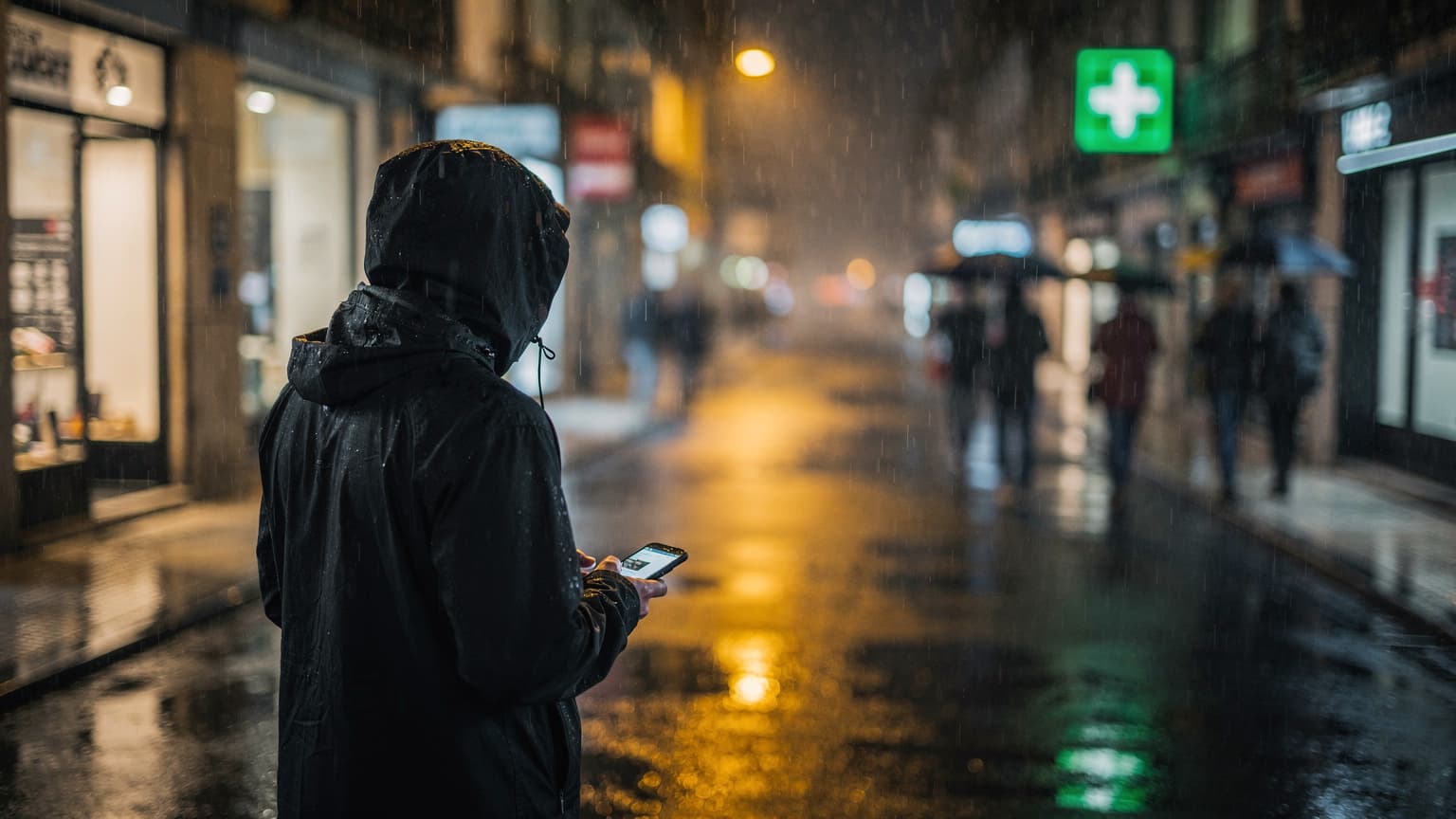 Viajante parado sob a chuva na Rua da Boavista, no Porto, noite, consultando o celular com expressão de preocupação, com luzes de lojas ao fundo