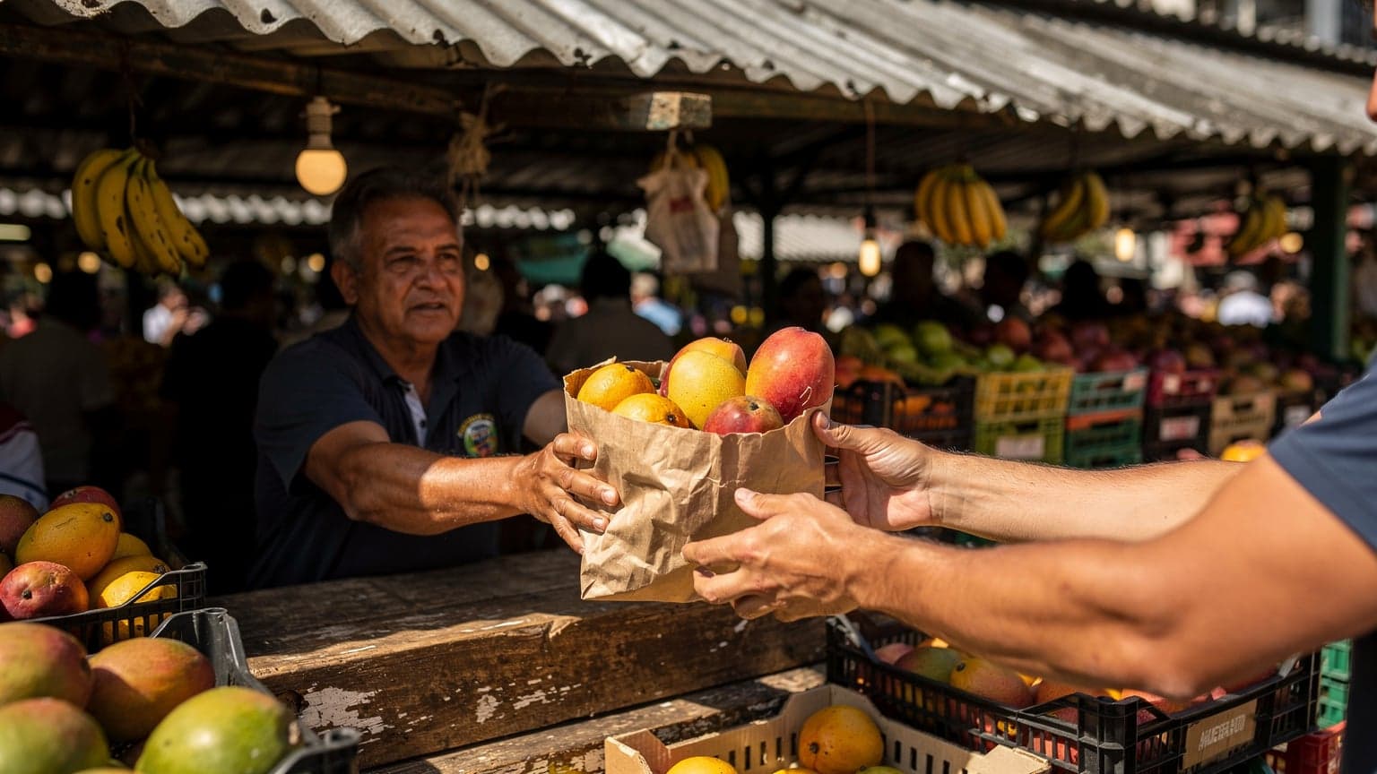 Försäljare på en gatustånd i Mercado Municipal i São Paulo räcker över en påse frukt till en kunds händer, skarp skugga i middagssolen, dokumentär stil