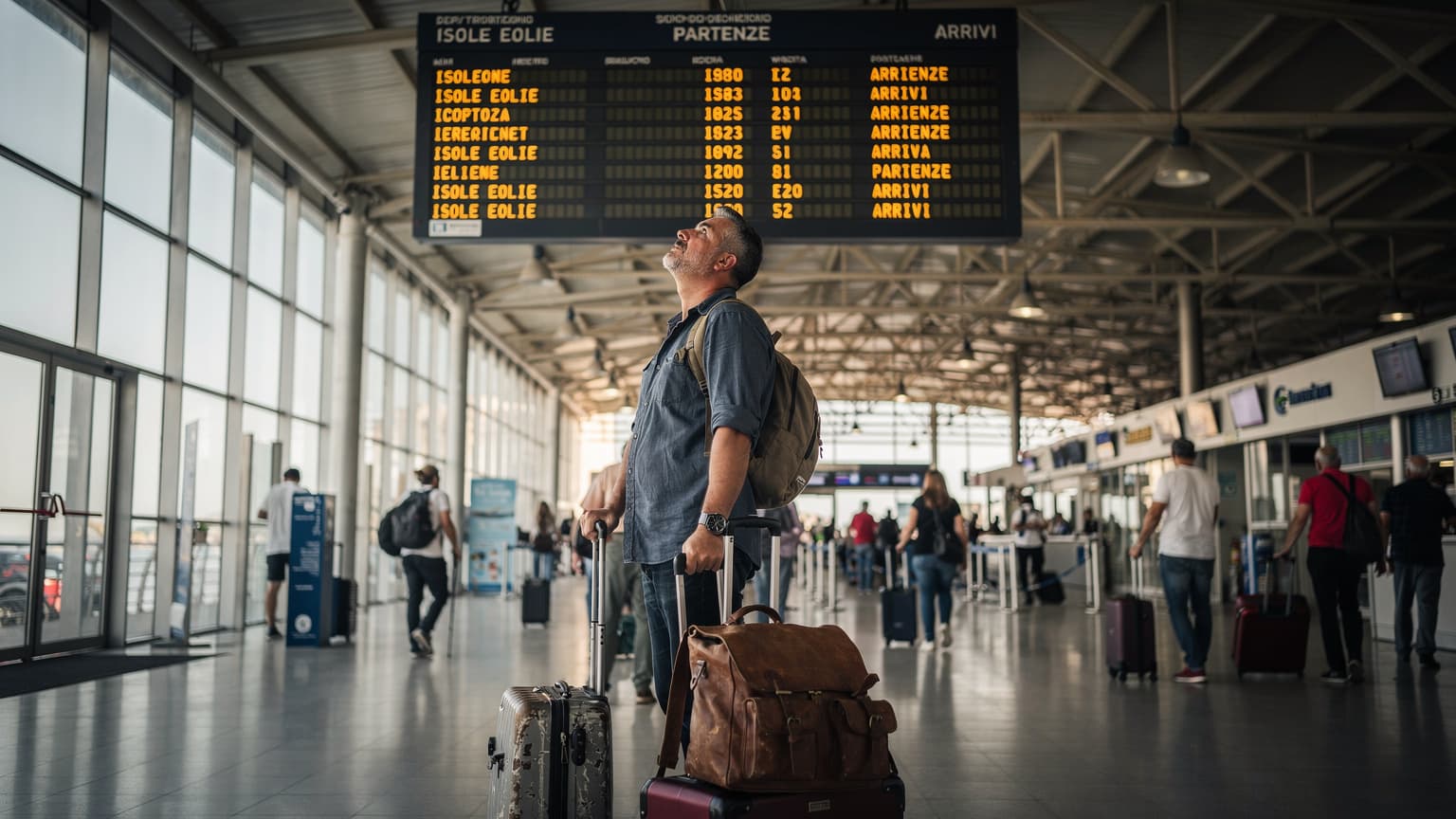 Un viaggiatore legge il tabellone degli arrivi e delle partenze in un terminal di un traghetto affollato, con bagagli ai suoi piedi, in attesa di un imbarco per le isole Eolie, in Italia.