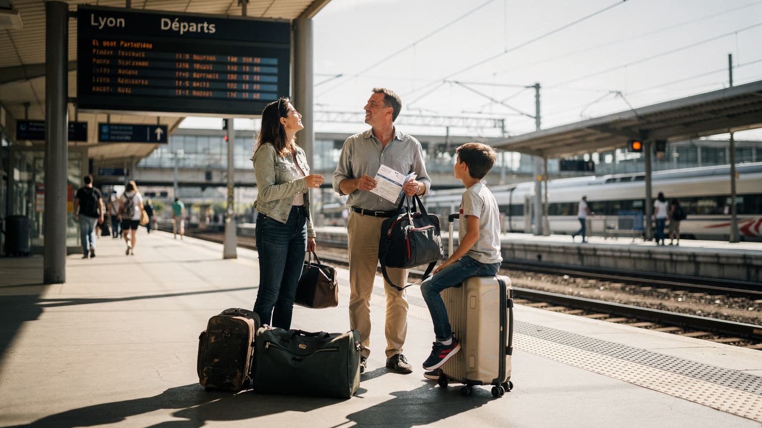 Famille avec bagages sur le quai de la gare de Lyon Part-Dieu, soleil de midi, regardant les panneaux de départ, photo documentaire