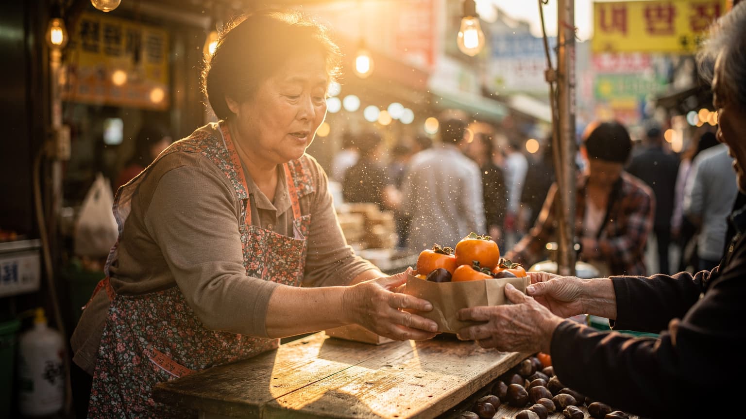 Gian hàng bán hồng và hạt dẻ tại chợ Gwangjang, Seoul, vào buổi chiều tà, người bán hàng đưa túi giấy cho khách, bàn tay người mua đang nhận lấy.