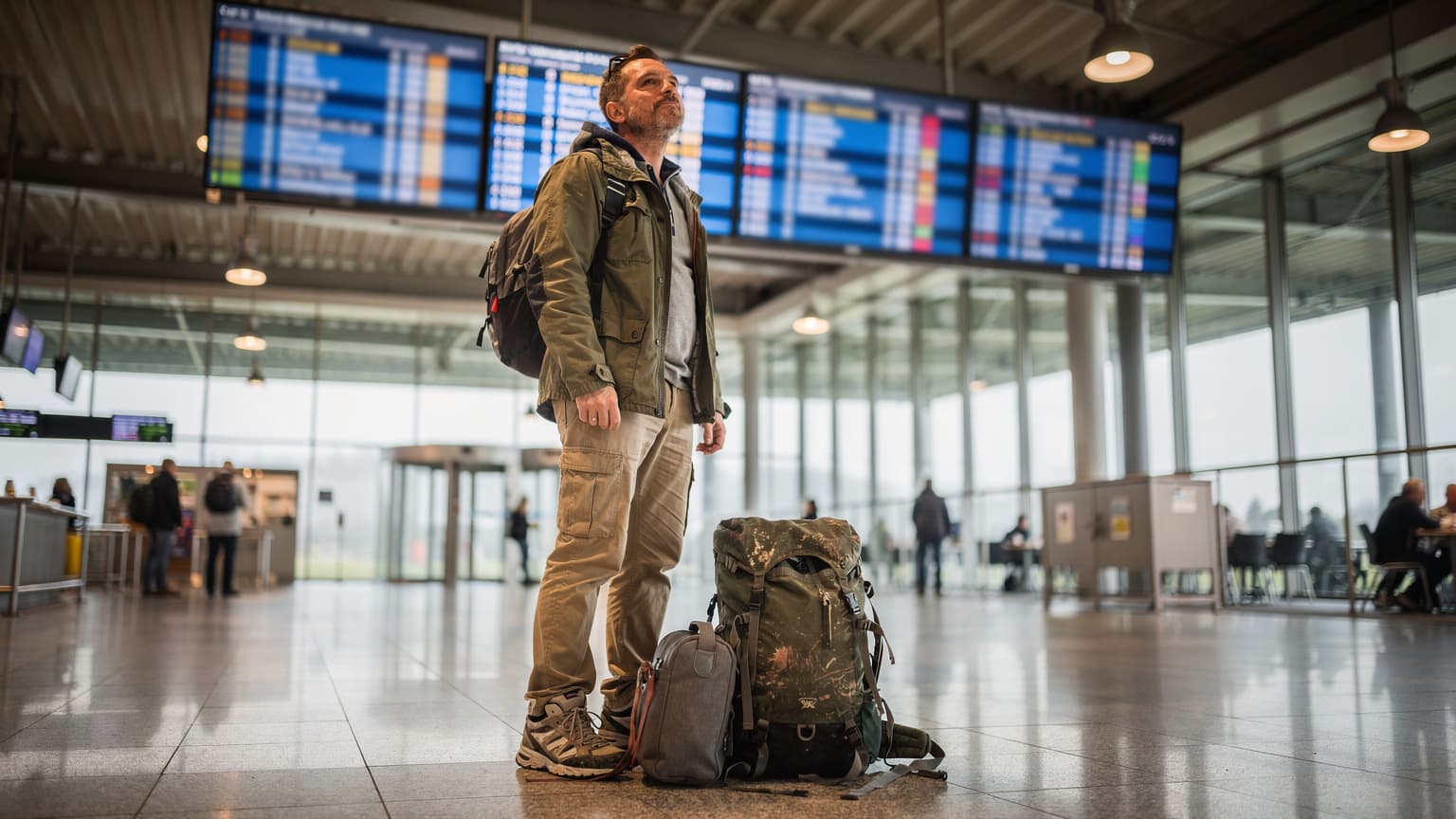 Ein Reisender mit Rucksack und kleiner Reisetasche steht an einer Autobahnraststätte in Süddeutschland, blickt auf eine digitale Anzeigetafel, die Abfahrtszeiten und Ziele anzeigt, im Hintergrund sind parkende Autos zu sehen.