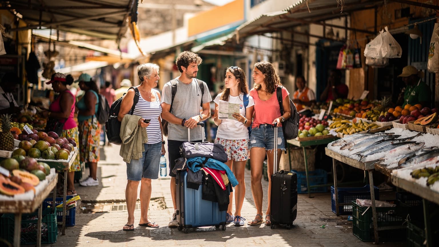Uma família portuguesa a organizar as suas malas e casacos no movimentado mercado de Sucupira, na Cidade da Praia, sob o sol forte do meio-dia, com produtos frescos ao redor.