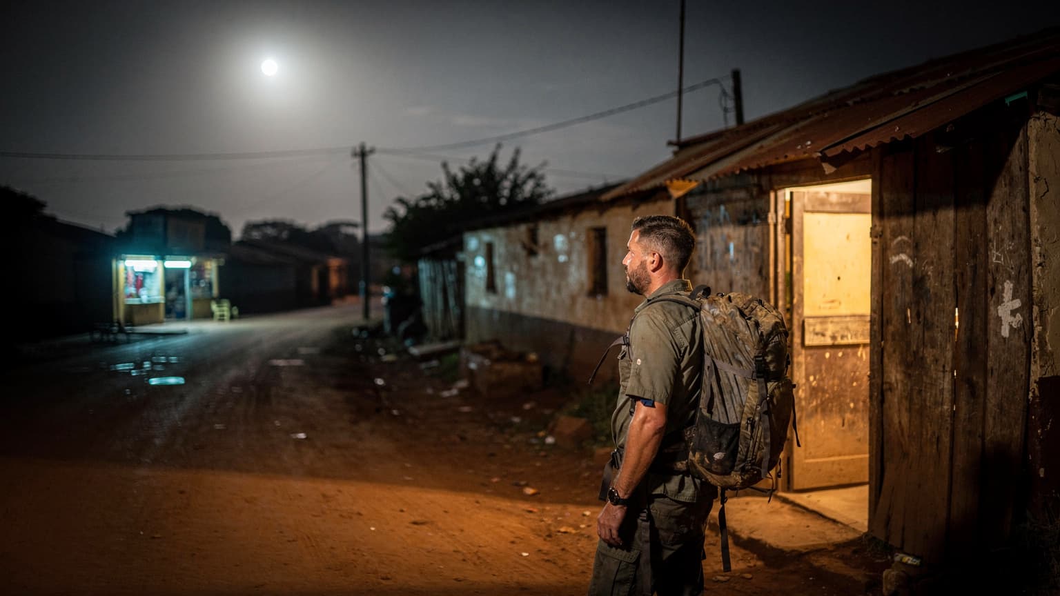 Muž s batohem čekající na kerbside v noci před venkovskou hospodou v Tanzanii, s náznakem pouličního osvětlení a neonů.