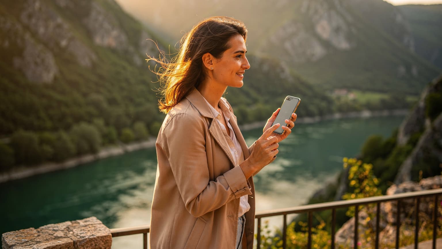 An editorial photo of a modern traveler holding a smartphone in a beautiful Bosnian landscape during golden hour, symbolizing easy global connectivity.