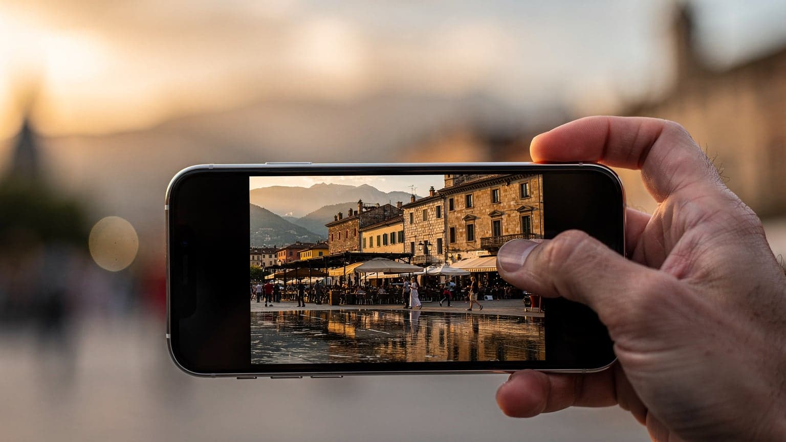 A close-up, photorealistic image of a hand holding a sleek smartphone, with a blurred, sun-kissed international travel destination in the background, symbolizing global connectivity and modern travel technology.