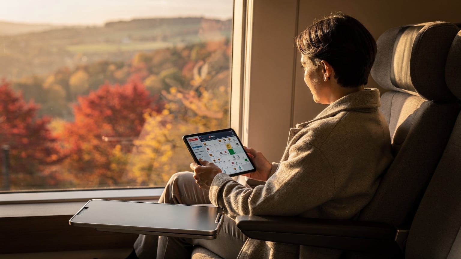 A person looks out a train or plane window at a vibrant autumn landscape, a tablet on their lap, symbolizing calm and organized travel for Thanksgiving.