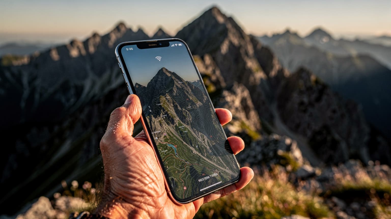 A hand holds a smartphone displaying a strong network signal and map, set against a dramatic backdrop of the rugged Tatra mountains under golden hour light.