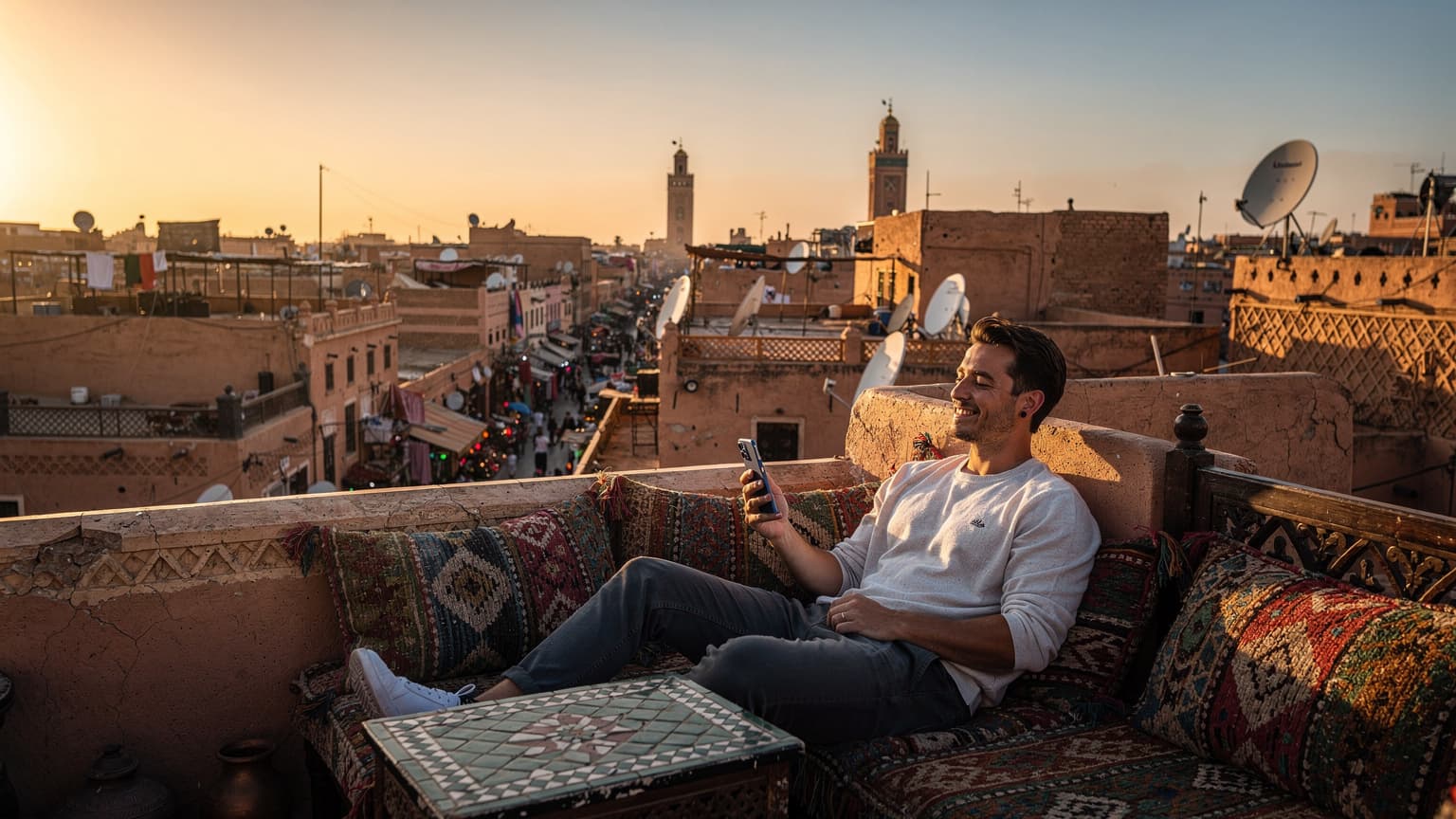 A person relaxing on a traditional Moroccan rooftop terrace at sunset, looking content while using a smartphone, with a bustling city panorama in the background.