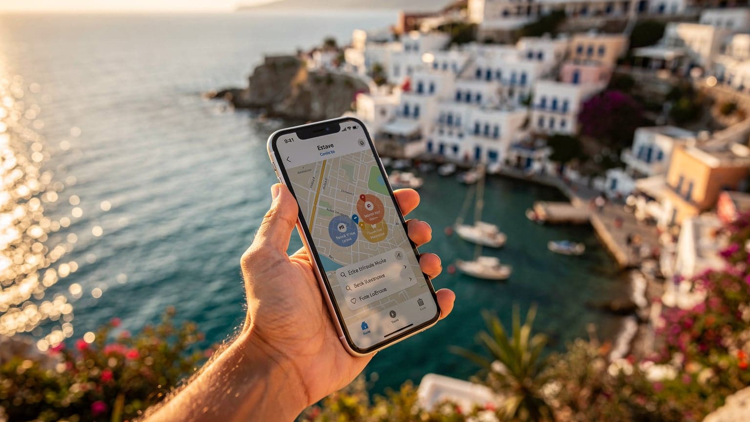 A person holding an iPhone 11 against a scenic, sun-drenched Mediterranean coastal village during summer, looking at the screen. The image evokes modern travel and seamless connectivity.