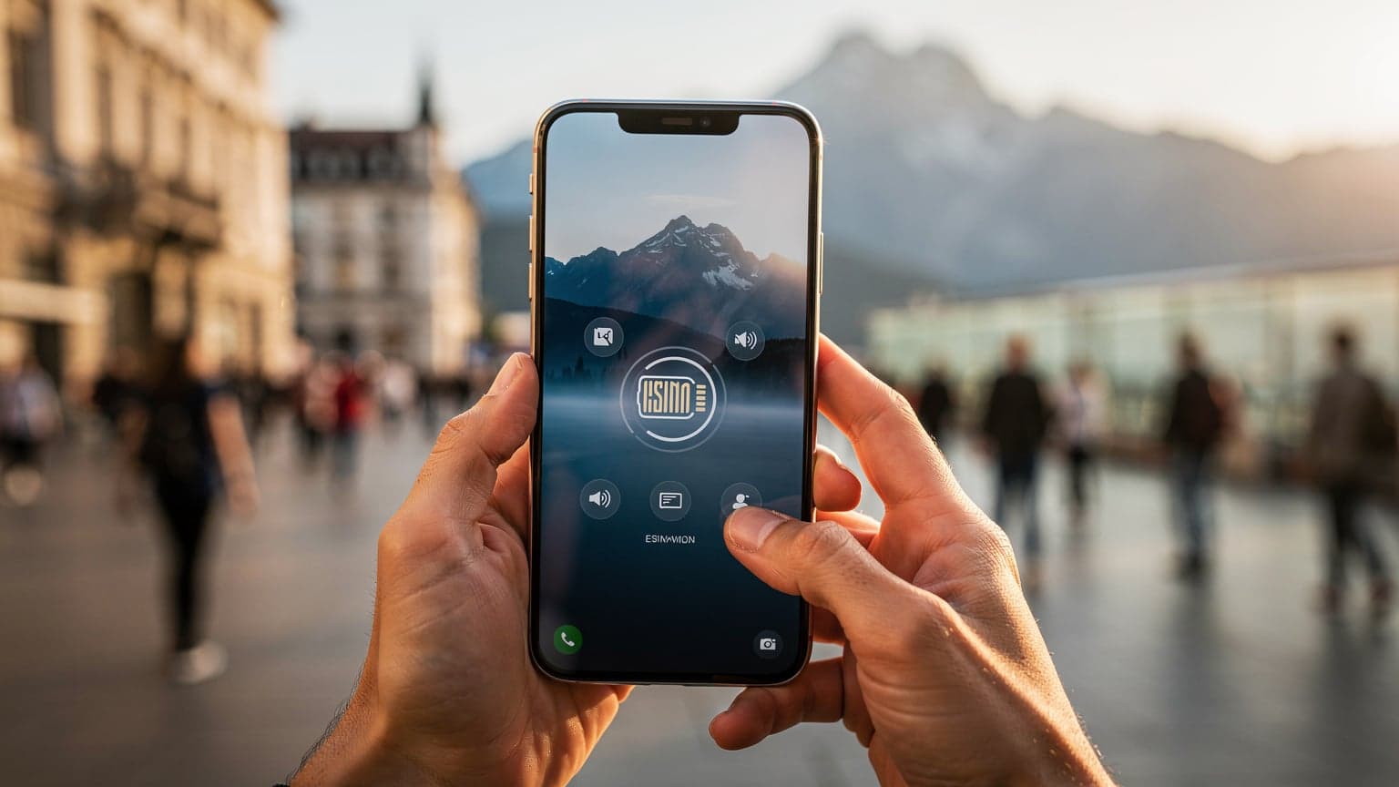 Hands holding a sleek, futuristic smartphone with an eSIM interface, set against a blurred background of a travel destination like a city or mountains, symbolizing global mobile connectivity.