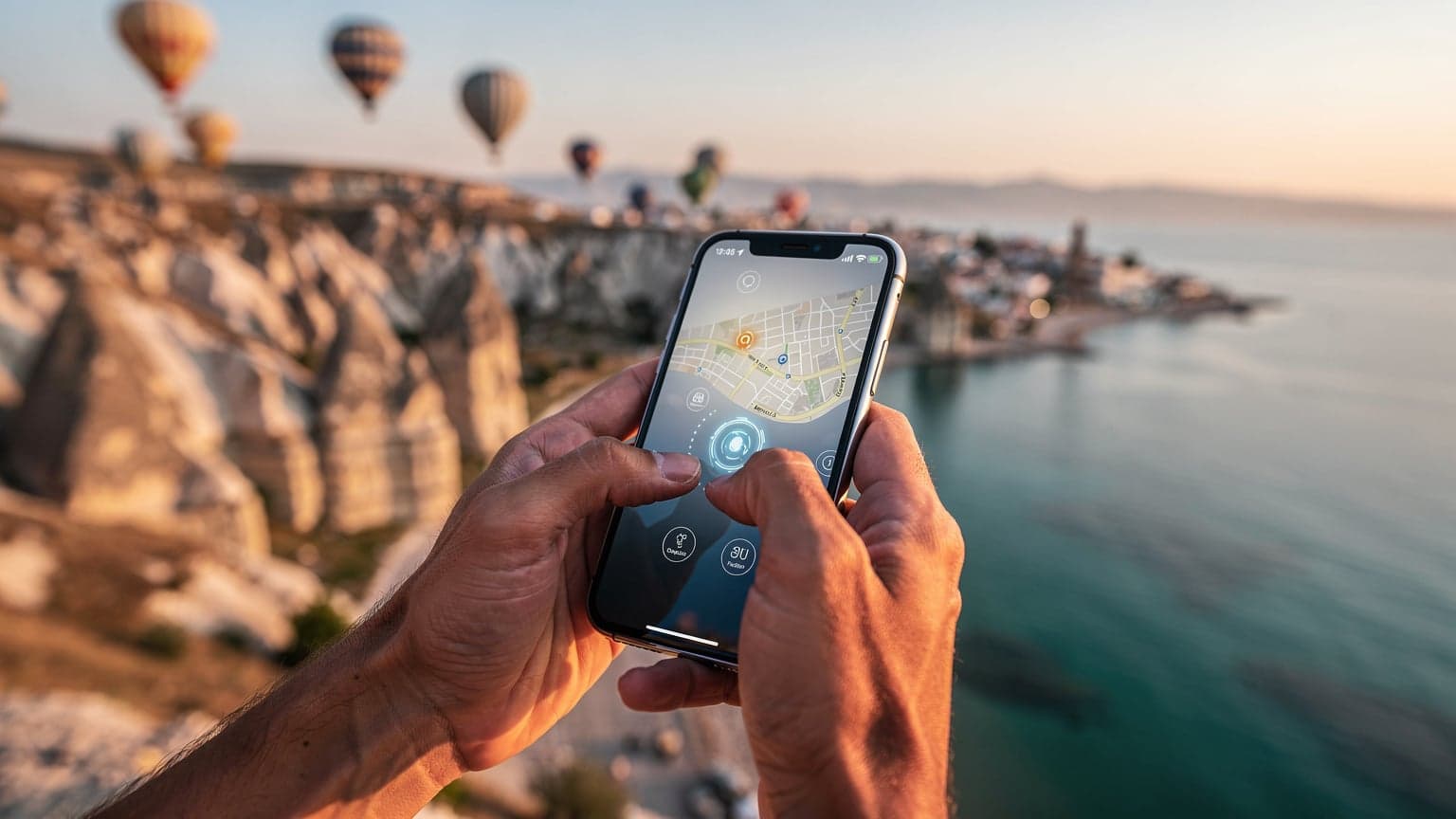 A traveler's hands holding a smartphone against a blurred, scenic Turkish landscape, suggesting seamless digital connectivity while traveling.