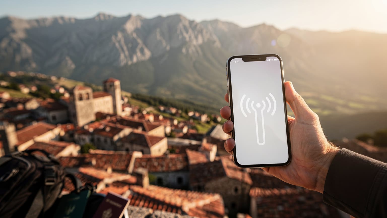 A traveler's hand holding a smartphone, showing a strong signal, against a blurred backdrop of a scenic Balkan city or mountains, symbolizing easy internet access while traveling.