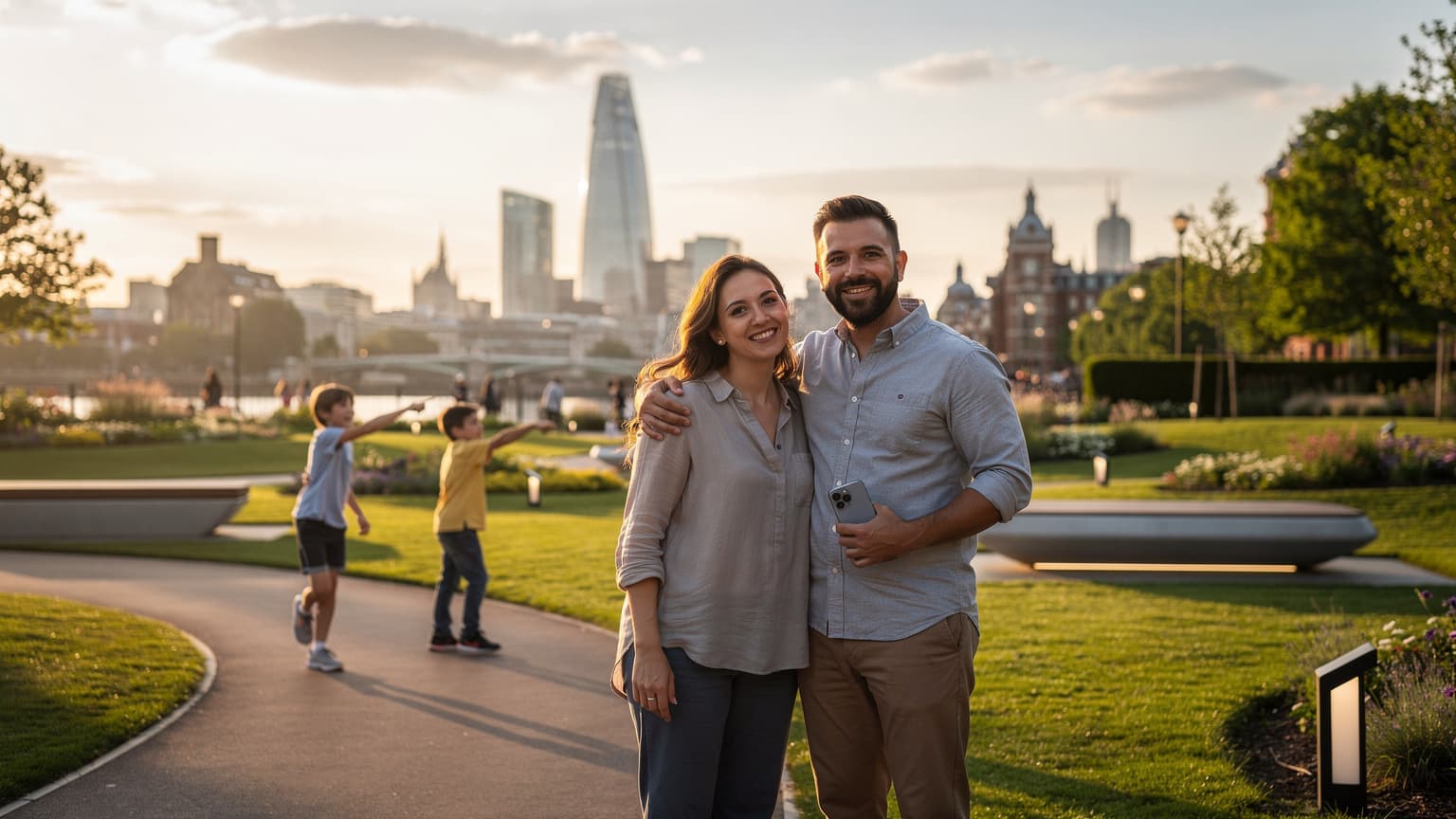 A diverse family, including parents and two children, enjoying a sunny day in a modern London park with a soft-focus city skyline in the background. One parent subtly holds a smartphone, while the children play, representing future-proof travel connectivity.