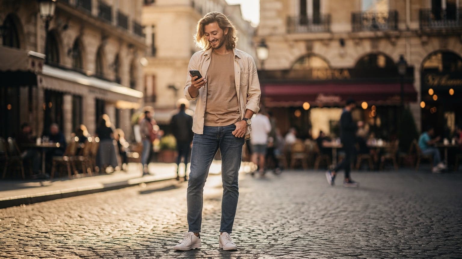 A person in a sunny European city square, interacting with a modern smartphone, with blurred historic architecture in the background, symbolizing seamless travel and digital connectivity.