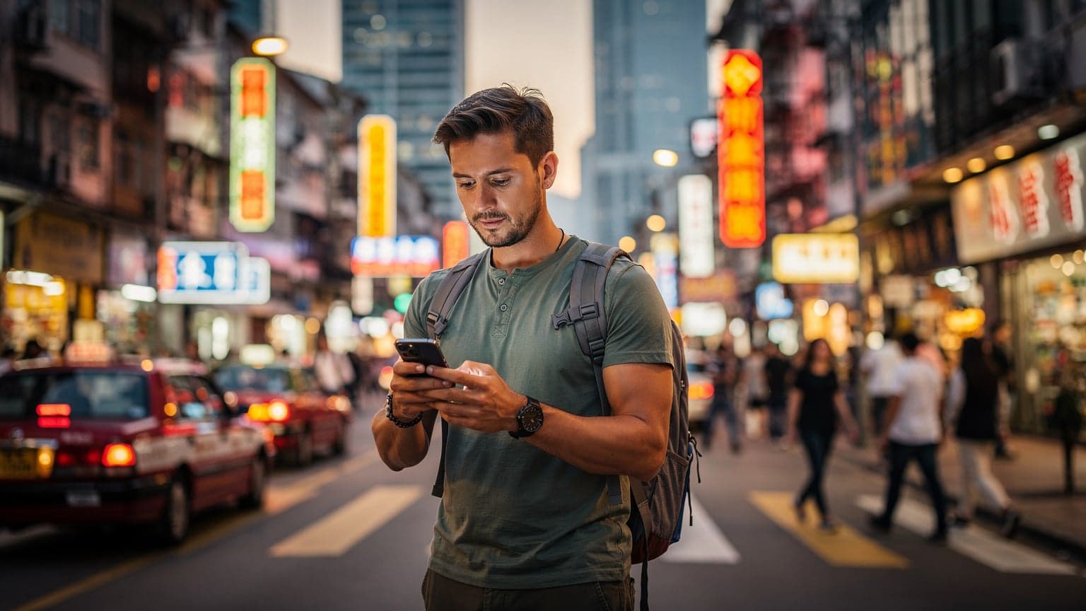 A traveler confidently using a smartphone on a vibrant, neon-lit street in Hong Kong, with bustling crowds and red taxis in the background, symbolizing seamless modern connectivity in a dynamic urban setting.