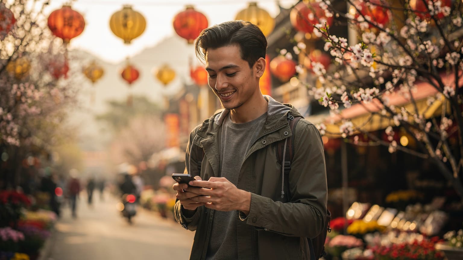A photorealistic image of a young person enjoying travel during Lunar New Year, subtly holding a smartphone, conveying effortless global connectivity in a festive, naturally lit setting.