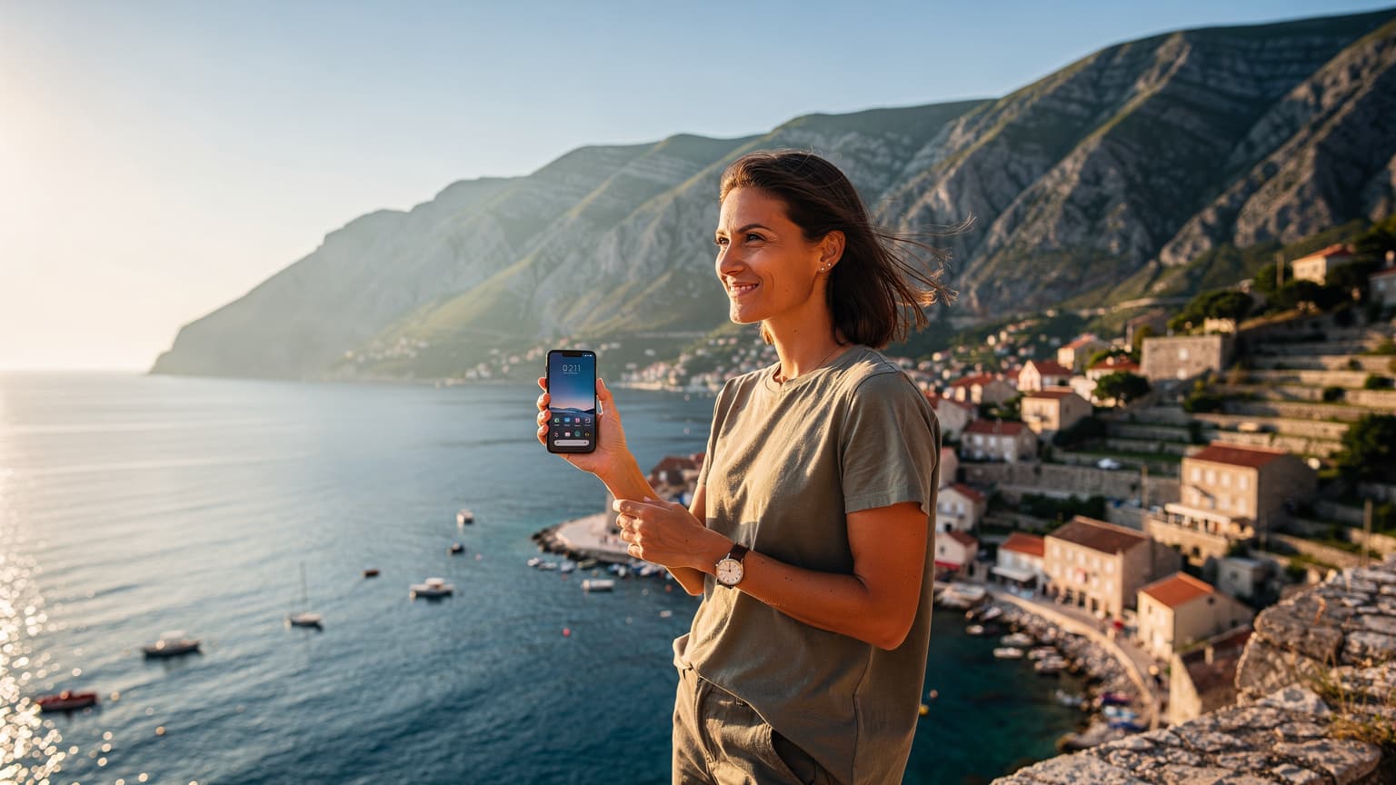 A person holding a smartphone on a scenic cliff overlooking the Adriatic Sea at golden hour, symbolizing stress-free travel and seamless eSIM connectivity in the Balkan region, including Croatia, Montenegro, and Albania.