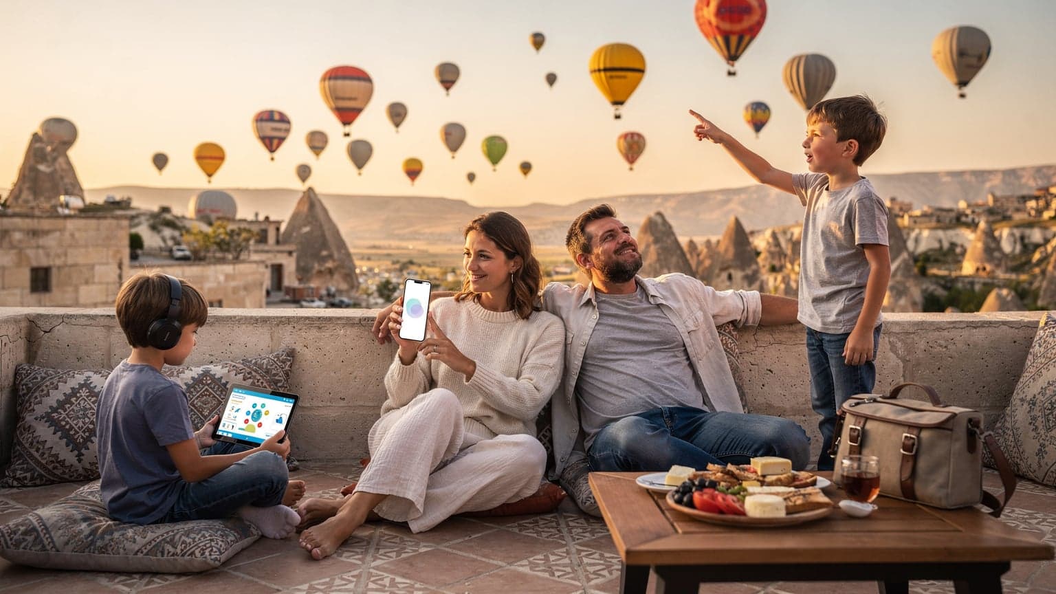 A family on a rooftop terrace in Cappadocia, Turkey, at sunrise, with hot air balloons in the background. The mother is using a smartphone, and a child is watching a tablet with headphones, depicting a modern family holiday with technology for connectivity and child entertainment.