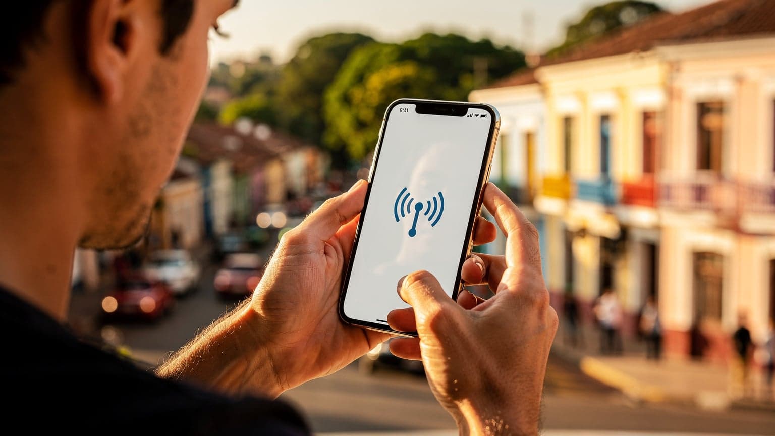 A person holds a smartphone in a vibrant Paraguayan street scene, checking connectivity, representing a traveler testing an eSIM.