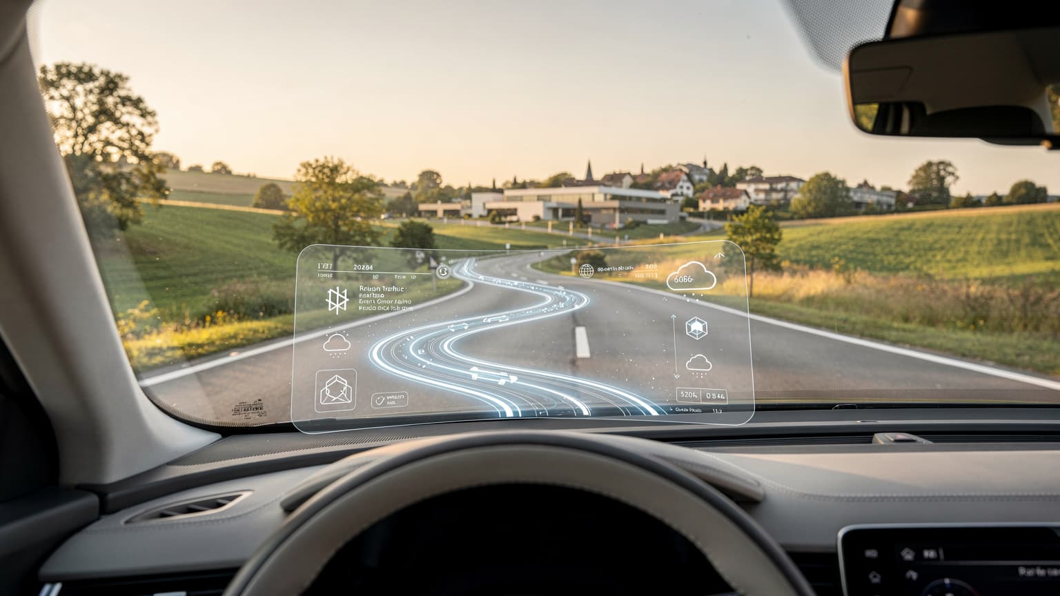 A futuristic car dashboard with a transparent, holographic real-time route planner displaying dynamic data, overlaid on a view of a scenic European road under natural light, symbolizing advanced and reliable travel.