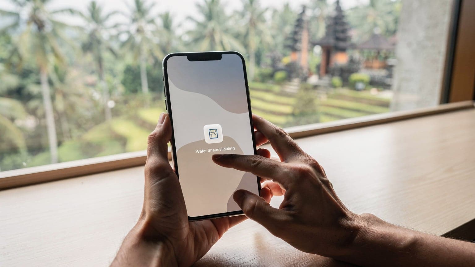 A close-up of hands setting up a digital eSIM on a smartphone, with a softly blurred background hinting at a vibrant Indonesian tropical landscape, conveying pre-travel data setup from a European location.