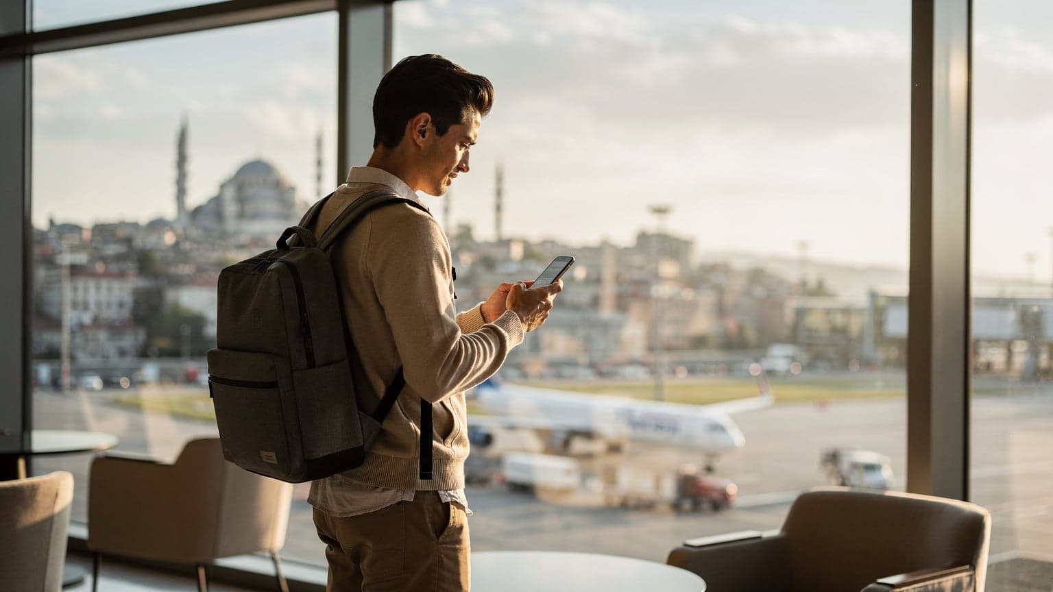 A traveler holding a smartphone in a bright airport lounge with a blurred Turkish city view and an airplane outside, suggesting mobile setup upon arrival.