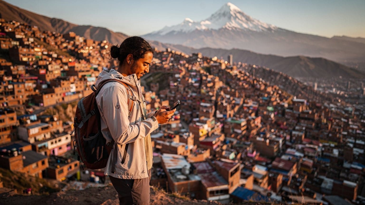 A traveler holds a smartphone while standing on a high viewpoint overlooking the sprawling city of La Paz, Bolivia, with majestic mountains in the background. The scene, lit by warm natural light, conveys a focus on mobile data and travel technology in a foreign destination.