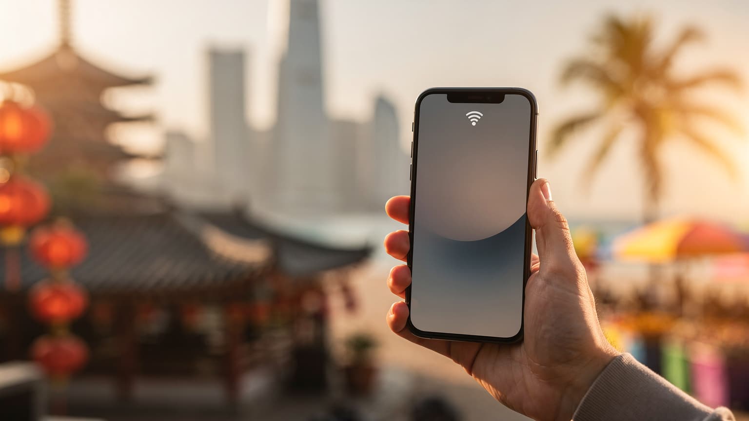 A person's hand holds a smartphone with a network signal, against a blurred, golden-hour background featuring elements of travel destinations like Japan, South Korea, and Thailand, conveying seamless connectivity.
