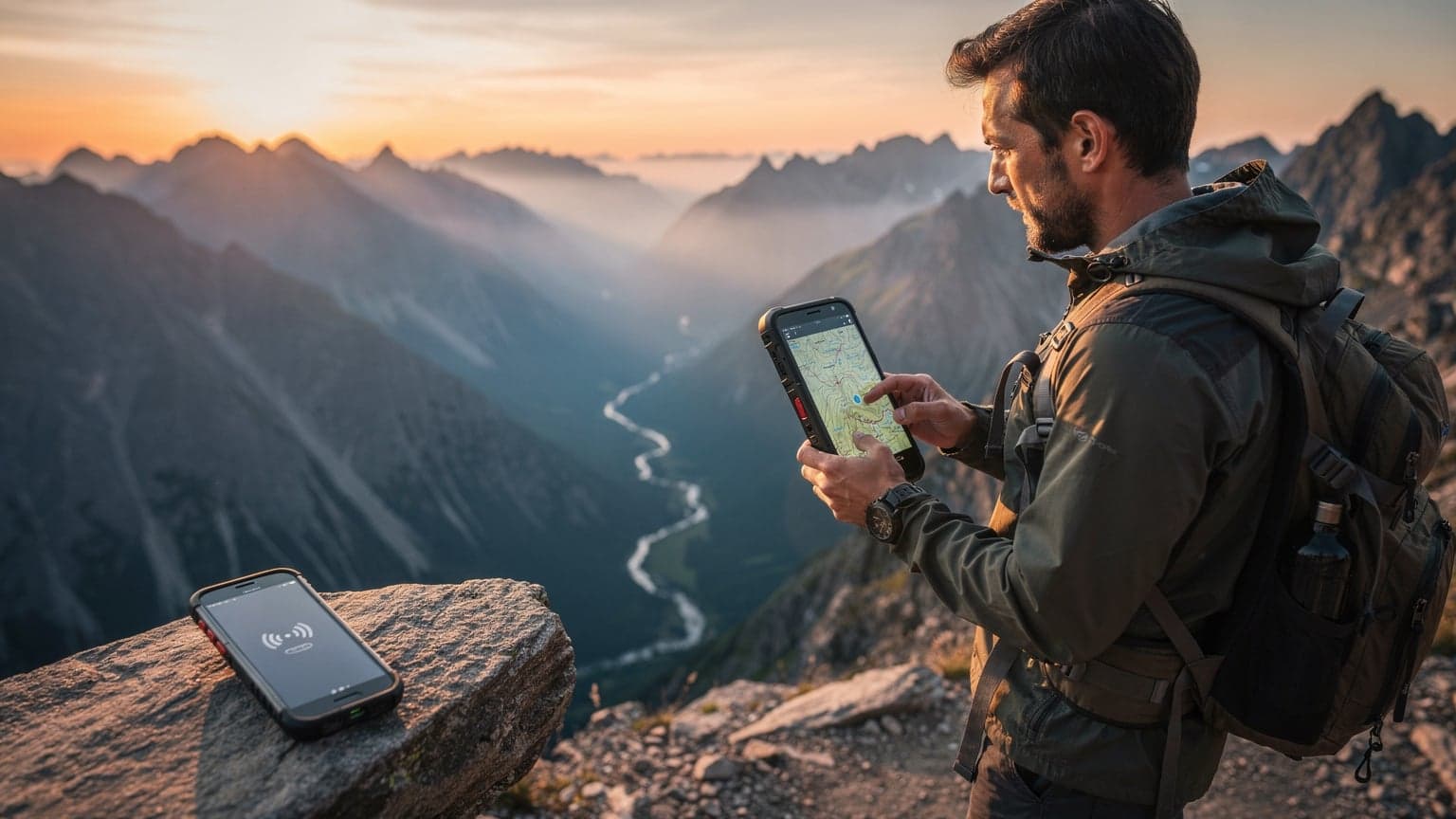 A rugged explorer using a dedicated GPS device in a vast mountain landscape, subtly contrasting with a less reliable smartphone nearby.