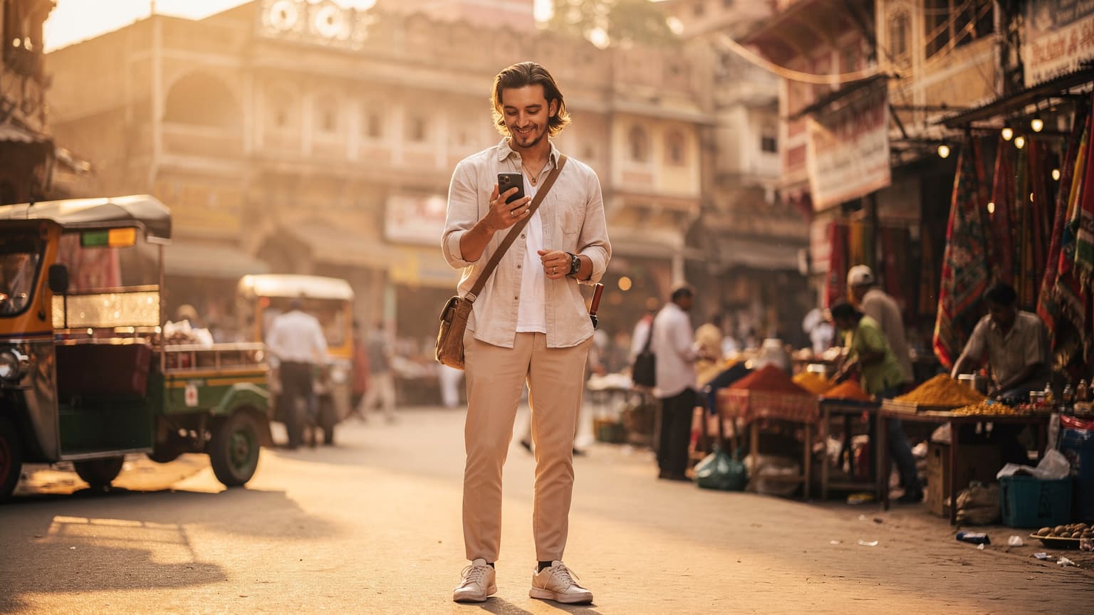 A traveler in a vibrant Indian market, holding a smartphone with a satisfied expression, representing the ease and cost savings of eSIM technology for modern travel.
