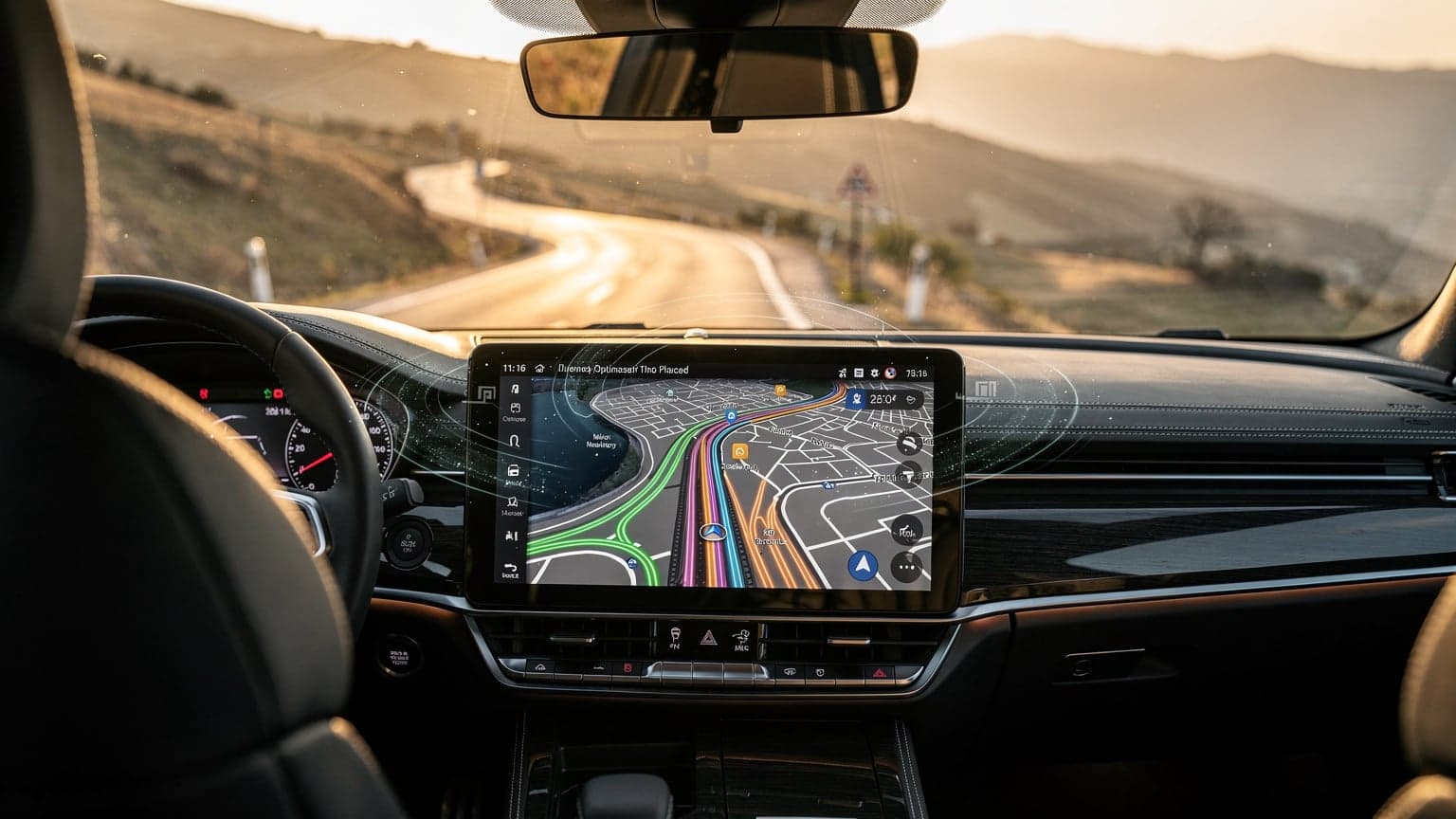 A photorealistic image of a car's modern dashboard, featuring a navigation screen displaying a route with real-time traffic updates, with a scenic road visible through the windshield at sunset.