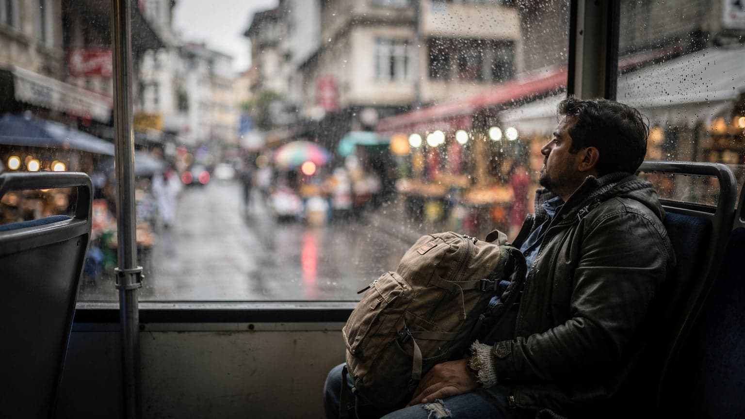 Yağmurlu bir günde Kadıköy çarşısı yakınlarında, trenden veya otobüsten pencereden dışarıyı seyreden bir gezginin sırt çantasıyla birlikte çekilmiş 35mm fotoğrafı. Pencere camında dışarıdaki ıslak sokakların yansıması görülüyor.