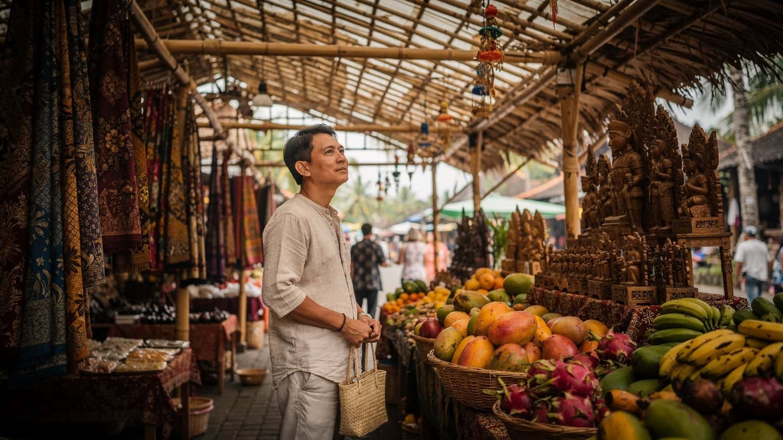 A person stands at a bustling covered market in Ubud, Bali, with traditional textiles and crafts visible, checking their watch while waiting for a friend.
