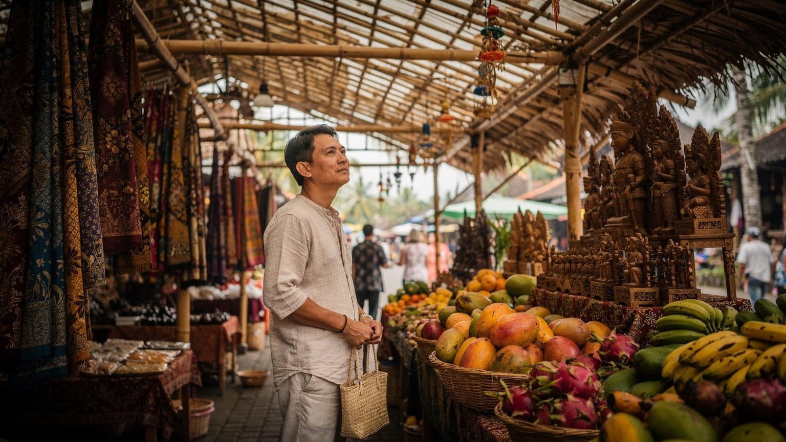A person stands at a bustling covered market in Ubud, Bali, with traditional textiles and crafts visible, checking their watch while waiting for a friend.