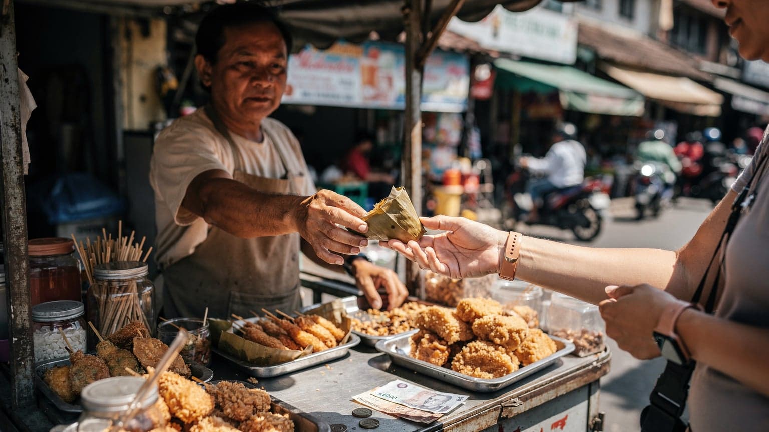 A local vendor at a bustling street food market in Yogyakarta, Indonesia, hands a small package to a tourist whose hands are visible in the frame, bathed in harsh midday sun with deep shadows.