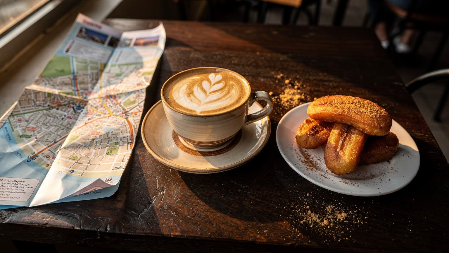 An overhead flat-lay shot of a local coffee with a distinctive patterned foam, a small plate of Indonesian street snacks, and a worn paper map of Jakarta laid out on a dark wooden table by a harbourfront cafe window, late afternoon.