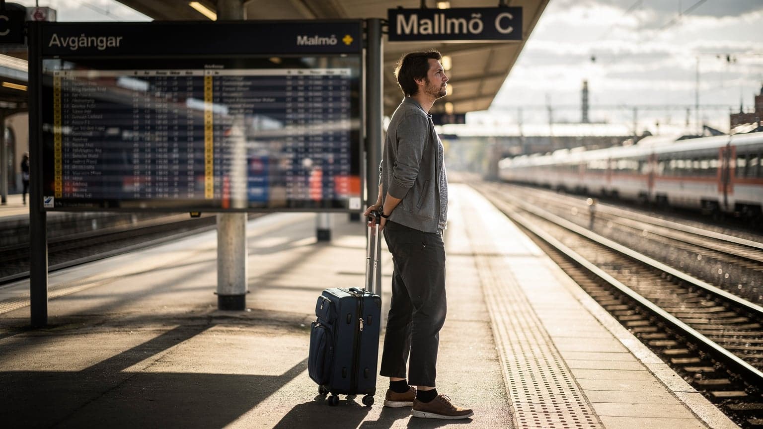 En person står på en perrong i Malmö med en resväska, mitt i ett ögonblick av eftertanke, i hårt solljus med långa skuggor