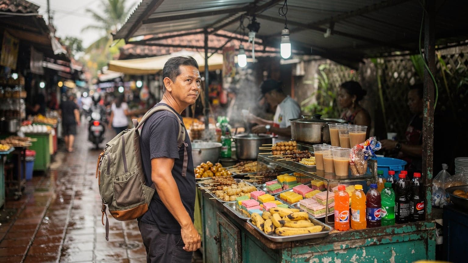 A person stands at a street food stall in Ubud, Bali, looking thoughtfully at their surroundings, with their luggage beside them.