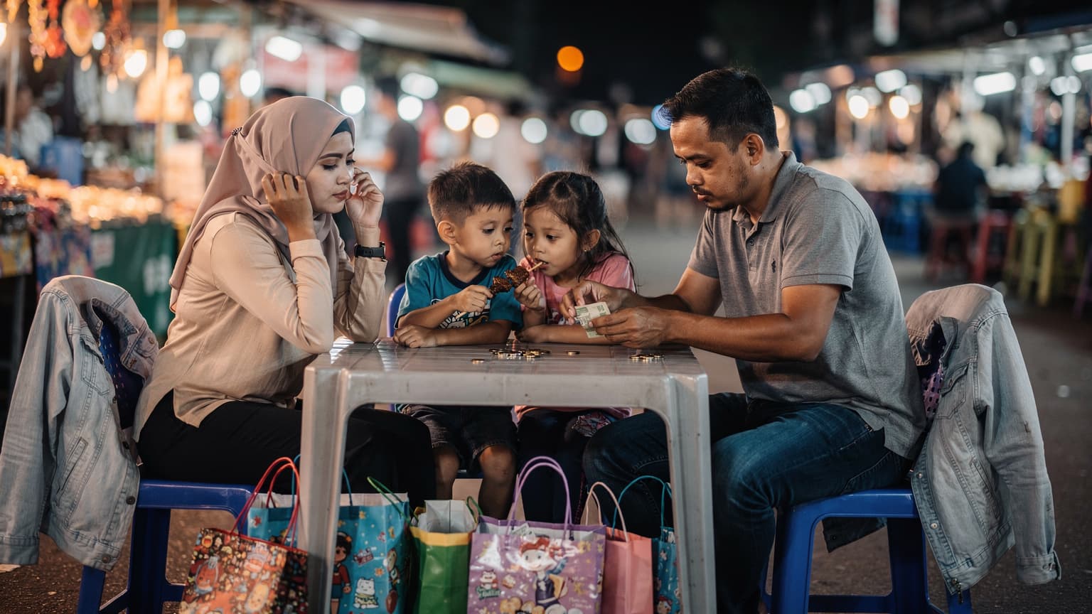 Keluarga Melayu berehat di pasar malam Chiang Mai, beg dan jaket berselerak, lampu neon dan tungsten bercampur, malam yang sibuk