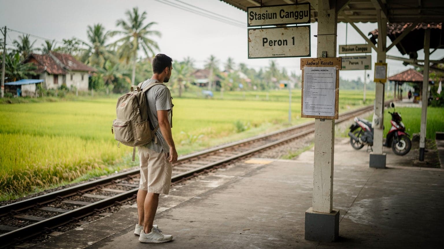 En rejsende med rygsæk står på en stille forstadsbanegård i Canggu, Bali, omgivet af grønne risterrasser og lokale skilte