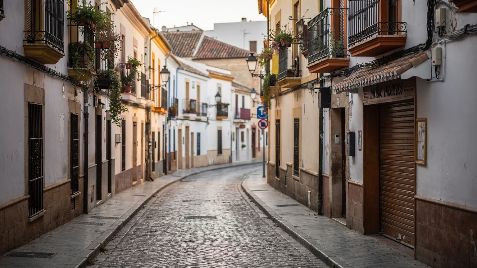 A quiet, sun-dappled street in Seville, Spain, during Semana Santa, with a glimpse of traditional wrought-iron balconies and intricate tile work.