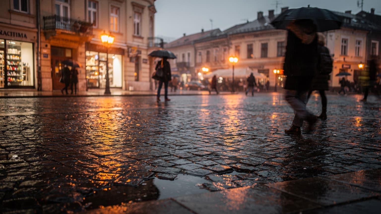 Noční náměstí v Sofii za deště, lidé s deštníky míjejí zářící výlohy kaváren, mokrá dlažba odráží světla města