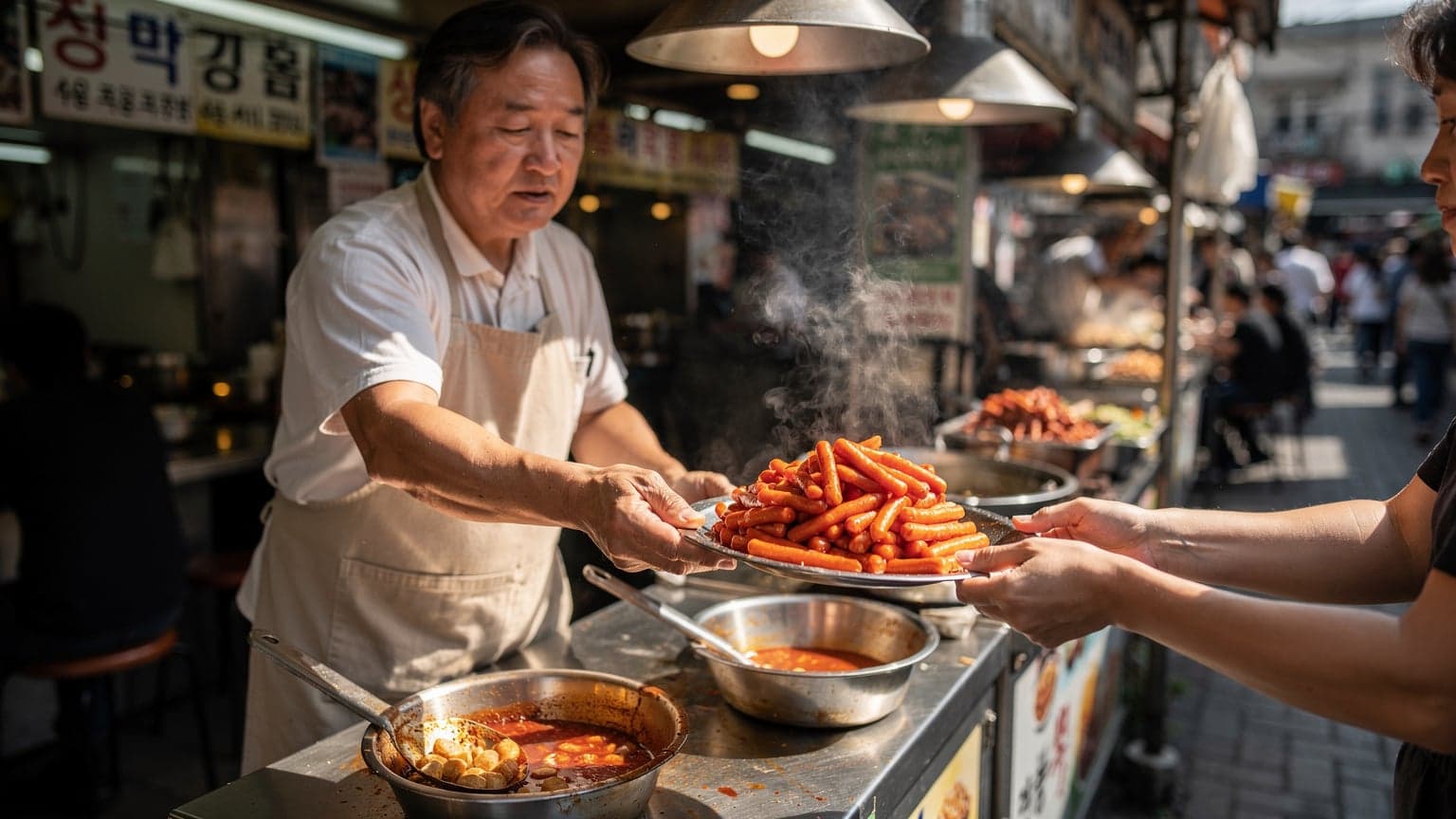 A street vendor at Seoul's Gwangjang Market hands over a plate of hot tteokbokki to a customer, their hands visible in the foreground, with bustling market stalls blurred behind under harsh midday sun.
