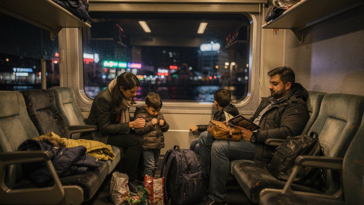 Marmara Denizi üzerinde seyreden bir vapurun içinde, gece ışıklarında sohbet eden ve eşyalarını düzenleyen bir aile.