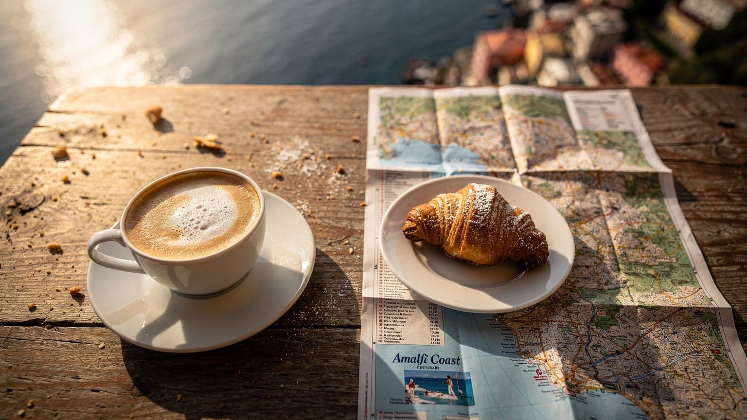 An overhead flat-lay shot of a cafe table on a sunny harbour front in Positano, Italy, featuring a cappuccino, a local pastry, and a paper map of the Amalfi Coast.