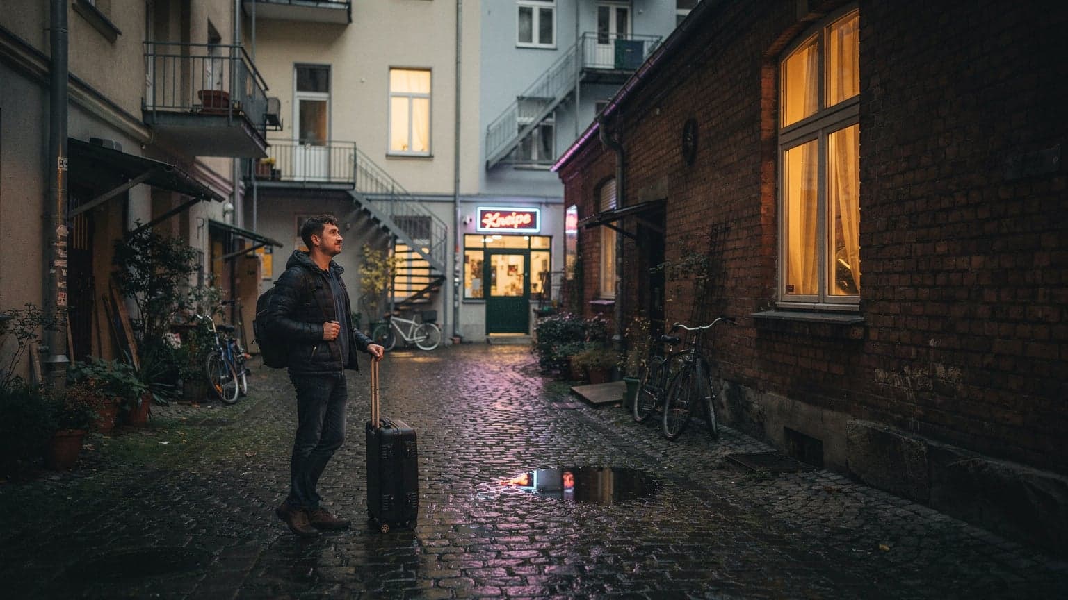 Eine Person wartet in einem Berliner Hinterhof in der Nacht, der leichte Regen reflektiert das Neonlicht einer Kneipe und das warme Licht eines Wohnungsfensters. Die Person trägt einen Rucksack und hat einen Koffer neben sich.