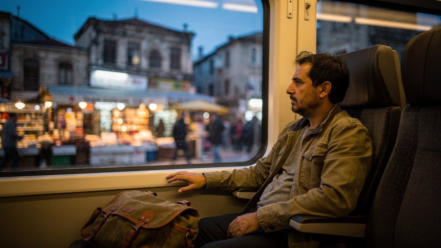 Kadıköy Çarşısı'ndan geçen bir trende, pencereden dışarıyı izleyen bir yolcu, mavi saatte gün batımı ışığında.