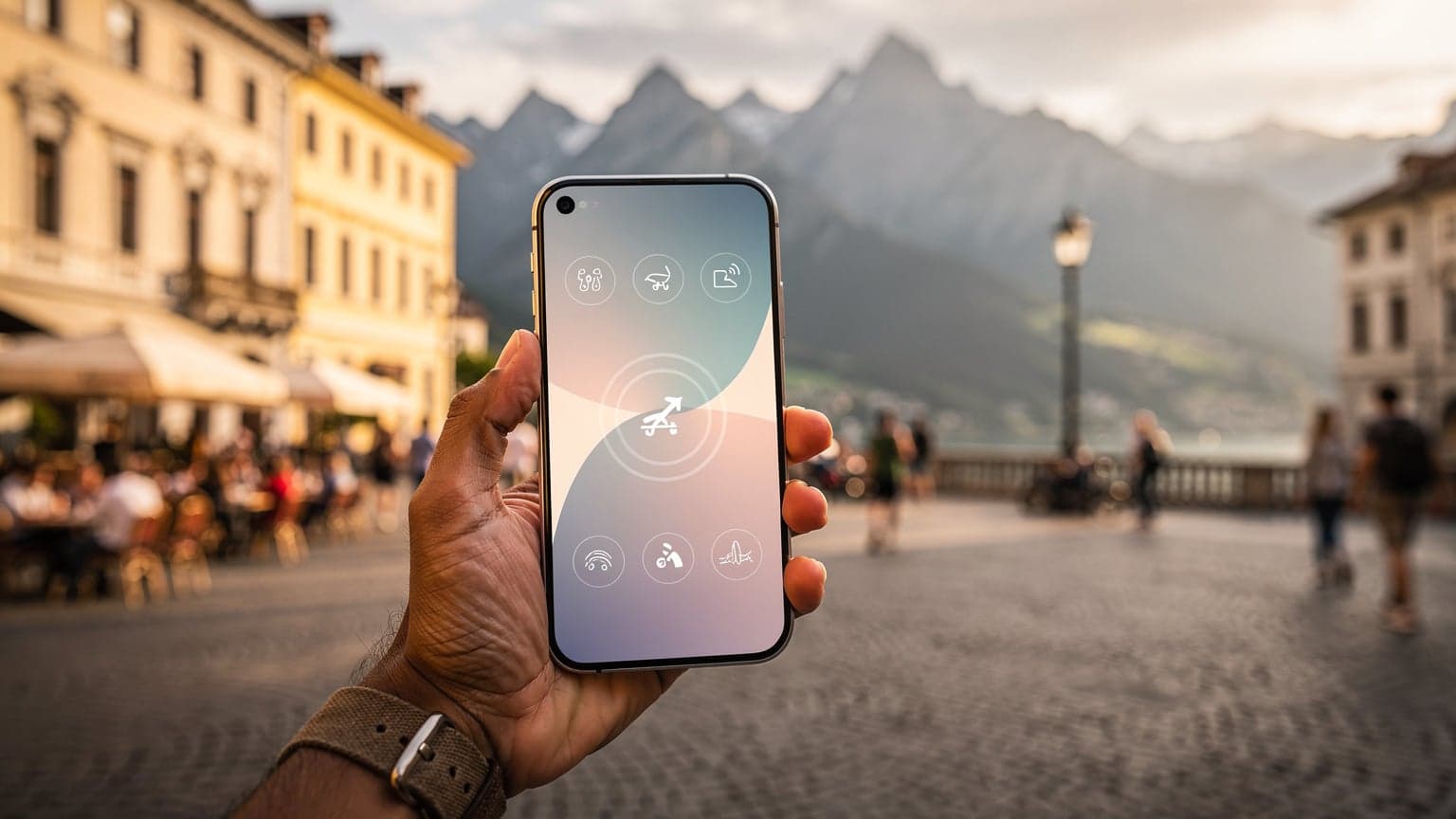A close-up of a modern smartphone in a traveler's hand, with a blurred, sun-drenched international travel destination in the background, symbolizing effortless global connectivity with an eSIM.