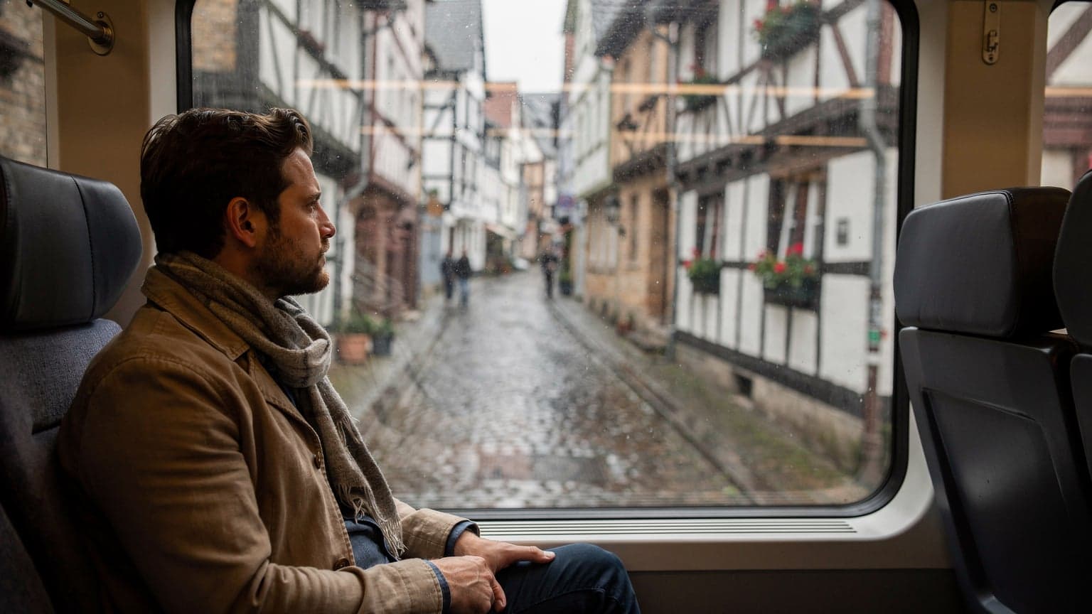 Ein Reisender schaut während einer Zugfahrt durch ein beschlagenes Fenster auf ein Kölner Altstadt-Gässchen mit Kopfsteinpflaster und Fachwerkhäusern, seine Reisetasche steht auf dem Sitz neben ihm.